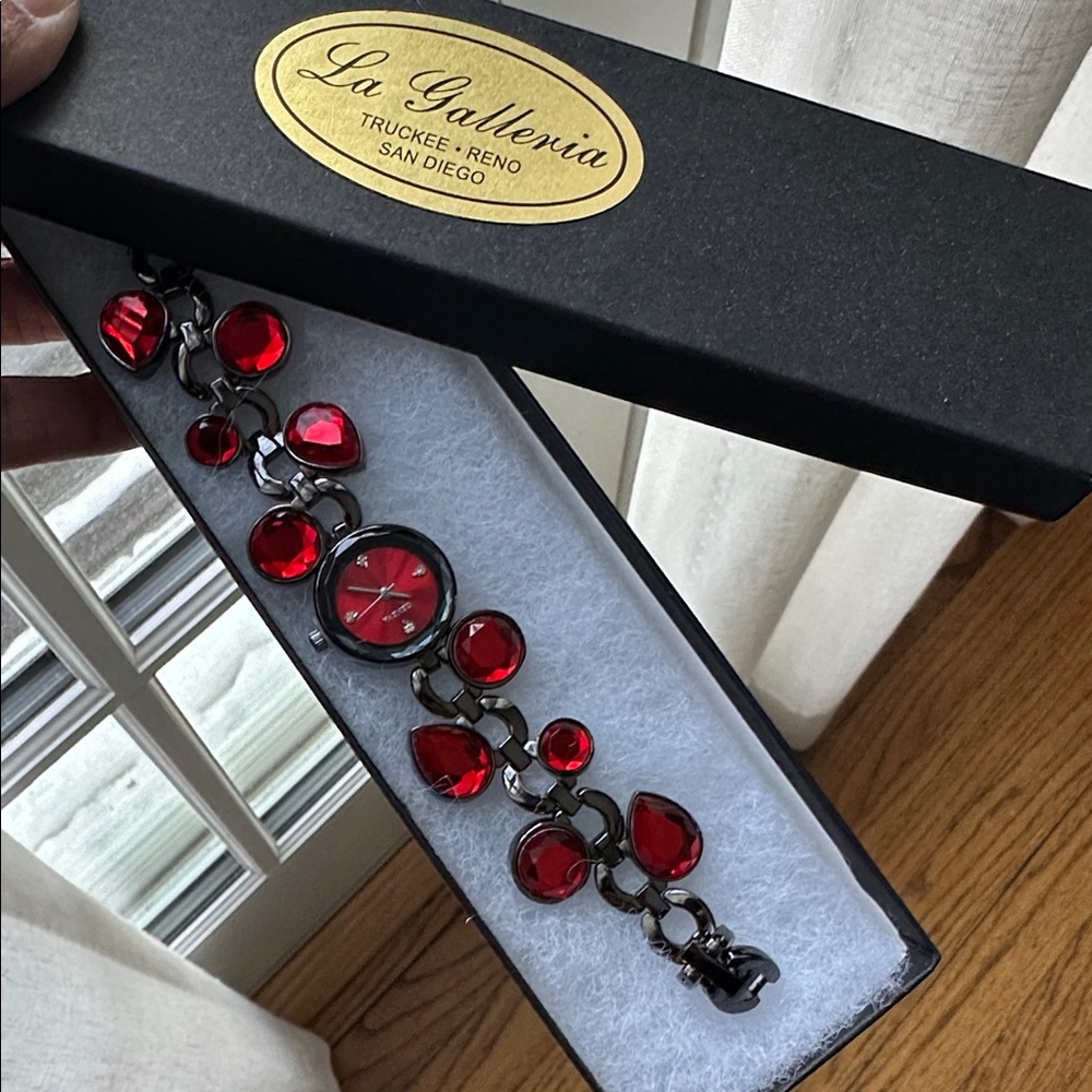 Geneva red crystal stainless steel watch NIB